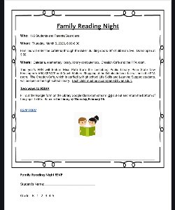 Family Reading Night, K-5, March 5, 2026 from 6:00 PM - 8:00 PM